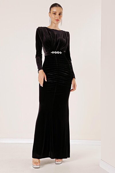 By Saygı Rochie lunga din catifea cu plisat fata si curea