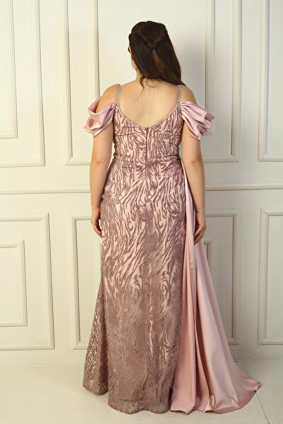 By Saygı V-Neck Glitter Flock Printed Long Fish Dress - Chain Strap and Low Sleeve