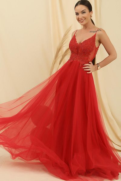 By Saygı Rope Strap Guipure Bead Detailed Lined Long Tulle Dress