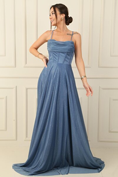 By Saygı Večerné šaty s dlhým tylovým trblietavým povrazom