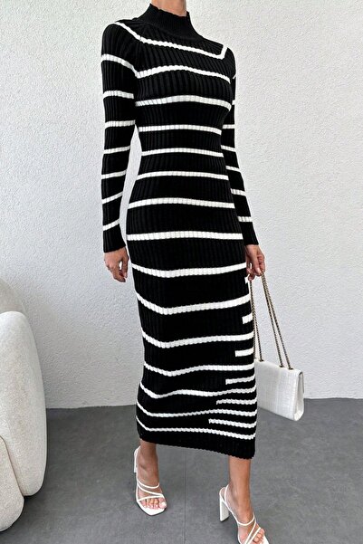 Mossta Φόρεμα με ριγέ πλεκτό μακρυμάνικο φόρεμα με ζιβάγκο μαύρο