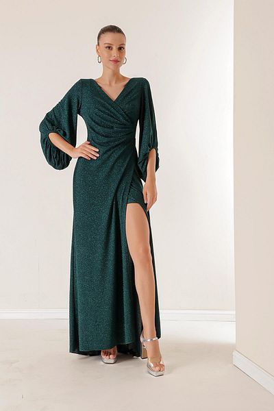 By Saygı Double Breasted Neck Front Draped Lined Glittery Long Dress