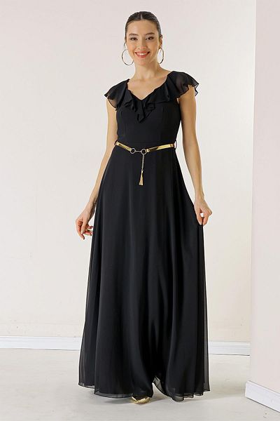 By Saygı Langes Chiffonkleid mit Volantkragen und Gürtel an der Taille