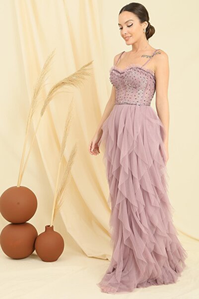 By Saygı Korálkový provazový popruh Kapesník bez ramínek Dlouhé tylové šaty s třásněmi