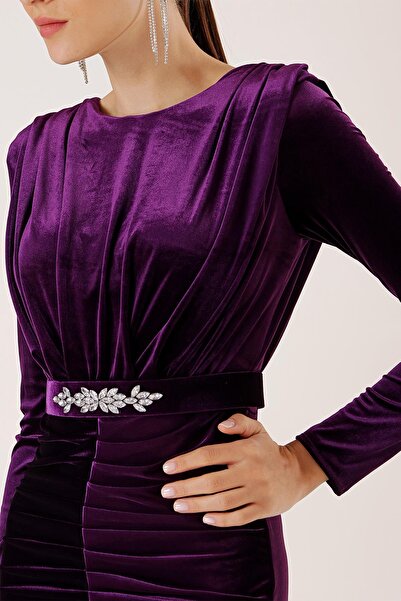 By Saygı Long Velvet Dress with Pleated Front and Belt