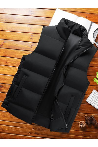 Richarlison Men's Black Lined Regular Fit Waterproof and Windproof Zip-Up Stand-Up Collar Puffer Vest