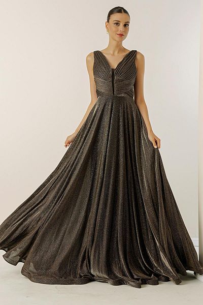 By Saygı Thick Strap Lined Mini Checkered Wide Size Glittery Long Dress