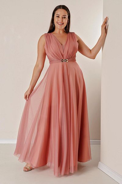 By Saygı Front and Back V-Neck Tulle Evening Dress with Front Buckle