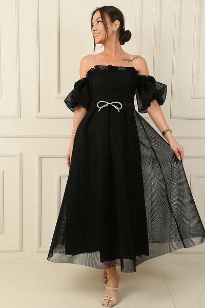 By Saygı Honeycomb Fabric Midi Dress - Low Balloon Sleeve with Belt and Lining