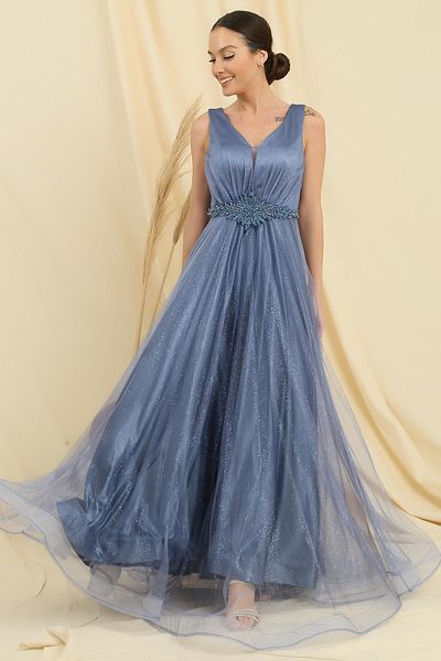 By Saygı V-neck Waist Jewelled Lined Glittery Top Inside Satin Long Princess Dress