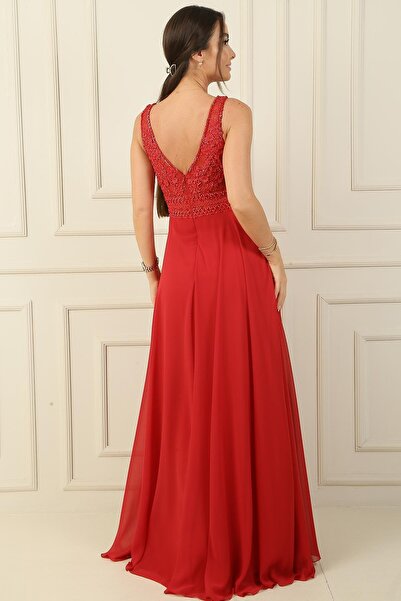 By Saygı V-Neck Beaded Flower Motif Long Chiffon Evening Dress - Lined