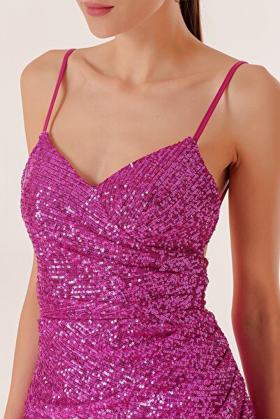 By Saygı Μακρύ φόρεμα με παγιέτες με τιράντες από σχοινί, ντυμένο στο μπροστινό μέρος, κορδόνι στην πλάτη και φόδρα