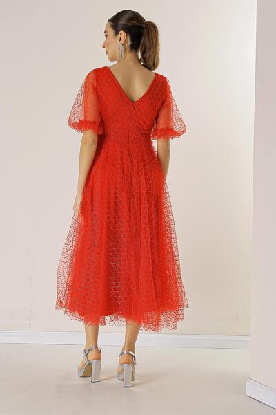 By Saygı Μπροστινό πίσω V λαιμόκοψη Κοντό μανίκι μπαλόνι τετράγωνο με στίγματα Glitter φόρεμα Dalya με επένδυση από ύφασμα