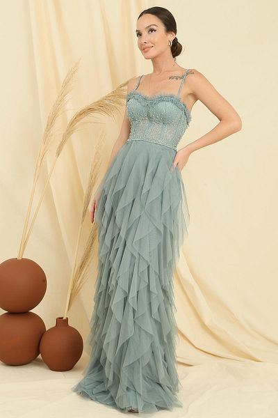 By Saygı Bead Rope Strap Strapless Handkerchief Fringed Lined Long Tulle Dress
