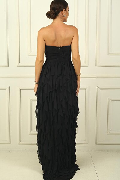 By Saygı STrapless Jewelled DeTailed Draped Flounce Long Tulle Dress - Side SliT