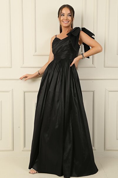 By Saygı One Shoulder Lined and Draped Long Taffeta Evening Dress