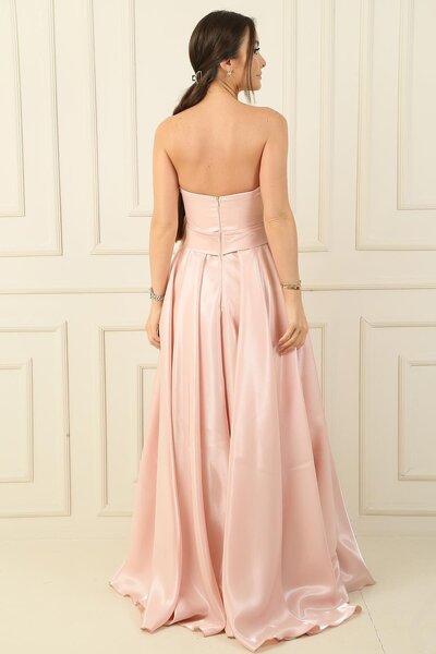By Saygı Satin Strapless Draped Long Evening Dress with Pockets - Organza Lining