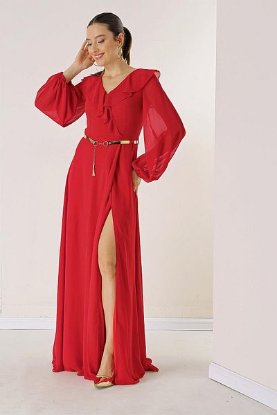 By Saygı Rochie lungă din șifon cu curea cu mânecă cu balon în față
