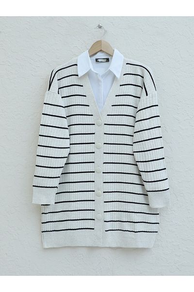 Modamorfo Ribbed Long Knitwear Cardigan - Buttoned and Stone Colored