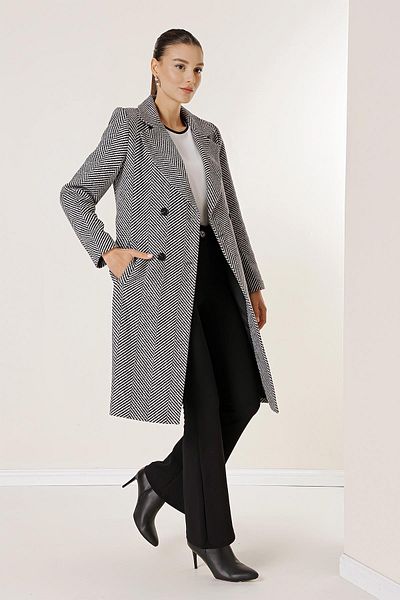 By Saygı Double Breasted Collar Inside Lined Side Pockets Belted Waist Herringbone Imported Stash Coat