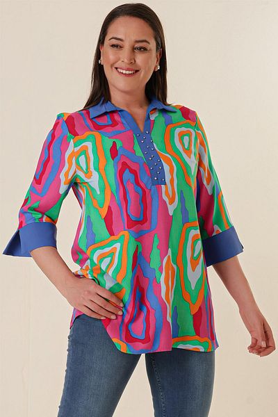 By Saygı Capri Sleeve Print Plus Size Blouse with Bead Detail on the Front