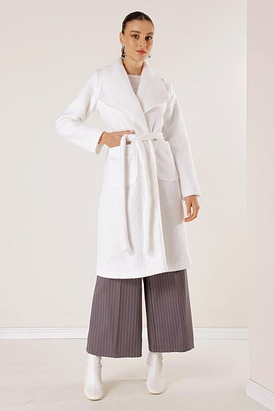 By Saygı Belted Waist Bag Pocket Lined Felt Boucle Coat