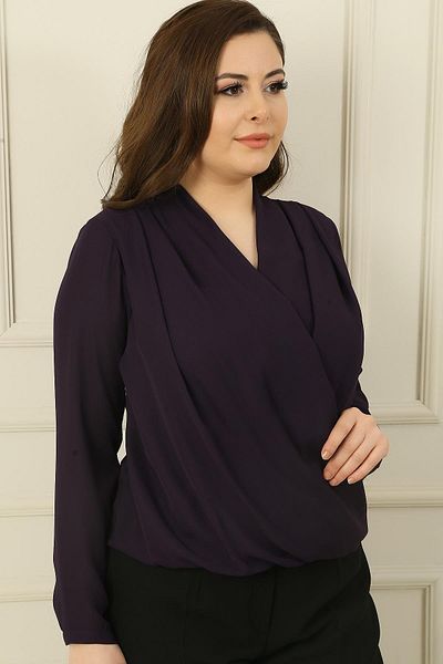 By Saygı Double Breasted Collar Pleated Crepe Chiffon Plus Size Blouse
