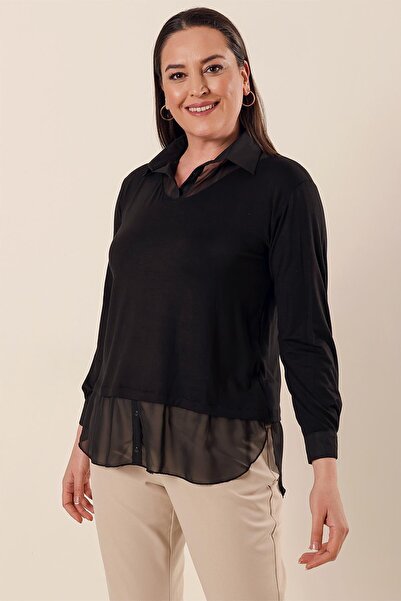 By Saygı Μπλούζα με σιφόν με λεπτομέρεια γιακά πουκάμισου, χαλαρή εφαρμογή σε μεγάλο μέγεθος