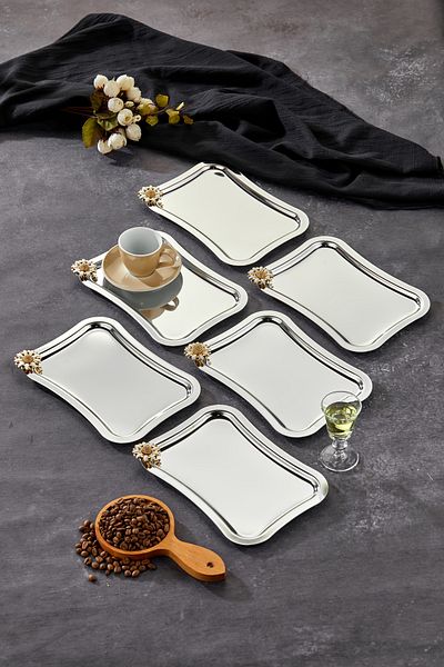 Milenay Elegante Series, Bella Flora Handle Patterned Chrome Presentation Promise Engagement Tray, 25X15Cm, 6 Pieces