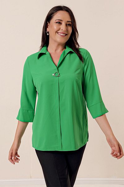 By Saygı Polo Neck Brooch Quarter Sleeve Plus Size Blouse
