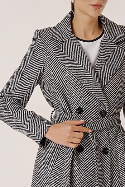 By Saygı Double Breasted Collar Inside Lined Side Pockets Belted Waist Herringbone Imported Stash Coat