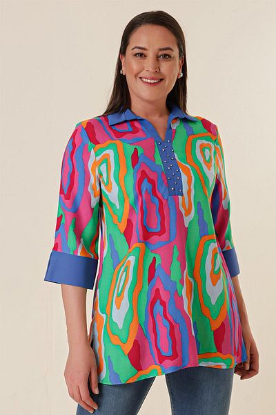 By Saygı Capri Sleeve Print Plus Size Blouse with Bead Detail on the Front