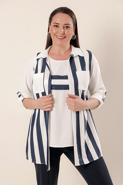 By Saygı Sleeve Fold Pocket Stripe Neck Jacket Transverse Stripe Blouse Plus Size Viscose 2-Piece Set