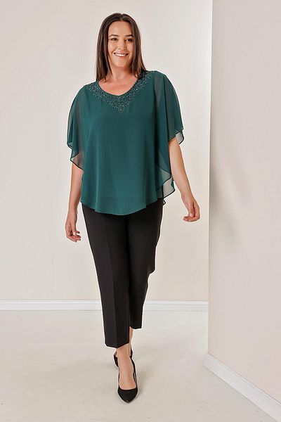 By Saygı V Neck Stone Bead Detailed Chiffon Top B.B. Lycra Blouse