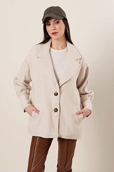 By Saygı Oversize Lined Cashmere Jacket with Cuff Sleeves Pockets