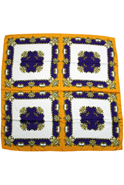 TikiTonki Kare Kesim Etnik Çiçek Desenli Saten Turuncu Eşarp - 90x90