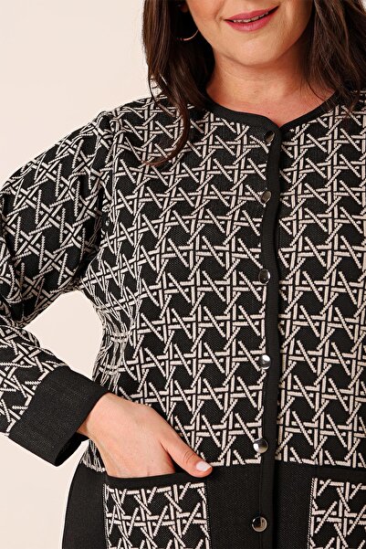 By Saygı Buttoned Front Pocket Geometric Pattern Plus Size Knitwear Cardigan