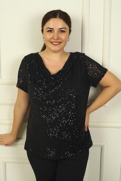 By Saygı Plus Size Degaje Collar and Lined Sequin Women's Blouse