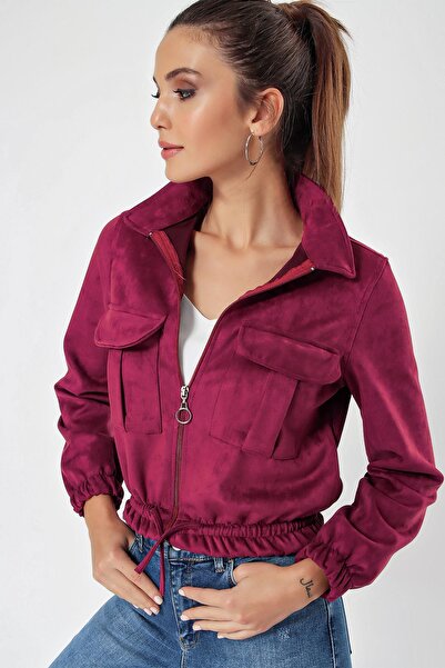 By Saygı Double Pocket Suede Coat with Elastic Waist