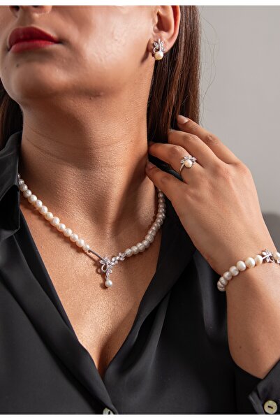 Sinemkacay 925 AYAR GÜMÜŞ RODYUM (BEYAZ ALTIN) KAPLAMA GERÇEK İNCİ SET