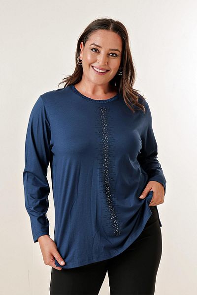 By Saygı Langärmelige Plus-Size-Bluse mit vertikalem Steindruck auf der Vorderseite