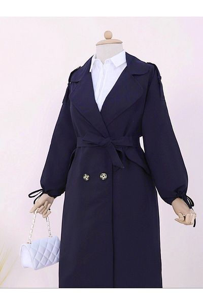 Modamorfo Clamshell Pocket Sleeve Lace up Trench Coat -Navy