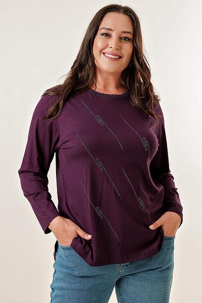By Saygı Collar Embroidered Front Cross Stone Print Long Sleeve Plus Size Blouse