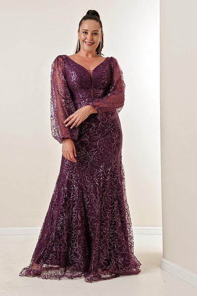 By Saygı Front Back V-Neck Glittery Flock Print Plus Size Long Dress