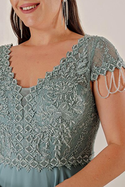 By Saygı Plus Size Chiffon Long Dress with Front Back V-Neck Bead Guipure Detail