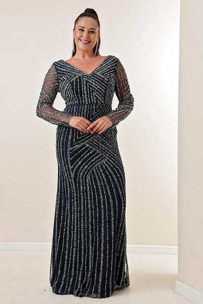 By Saygı Front Back V-Neck Lined Plus Size Stoned Long Tulle Dress