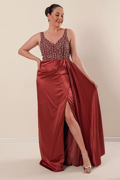 By Saygı Plus Size Long Satin Dress with Tulle Stone Detail Lining on Top