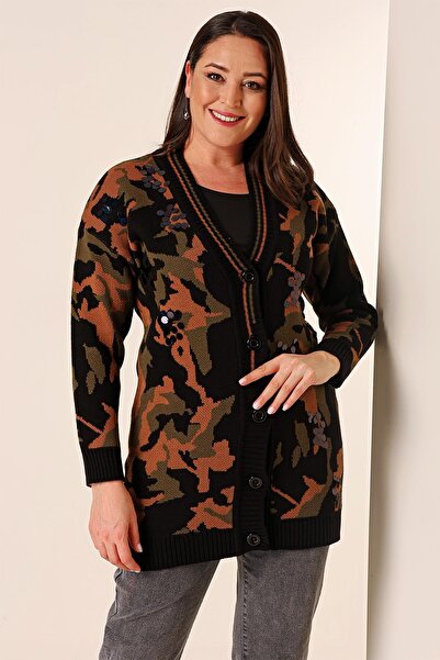 By Saygı Oversize Camouflage Sequin Long Knitted Cardigan