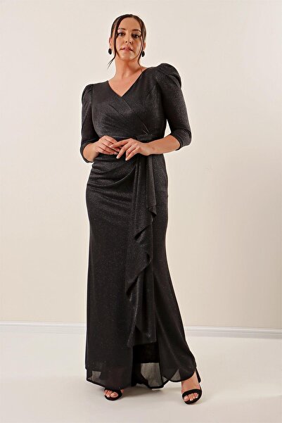 By Saygı Długa sukienka w dużych rozmiarach, z falbanką i rękawami 3/4, z podszewką i brokatem