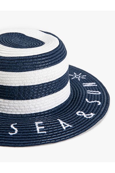 Koton Straw Hat Striped Slogan Embroidered